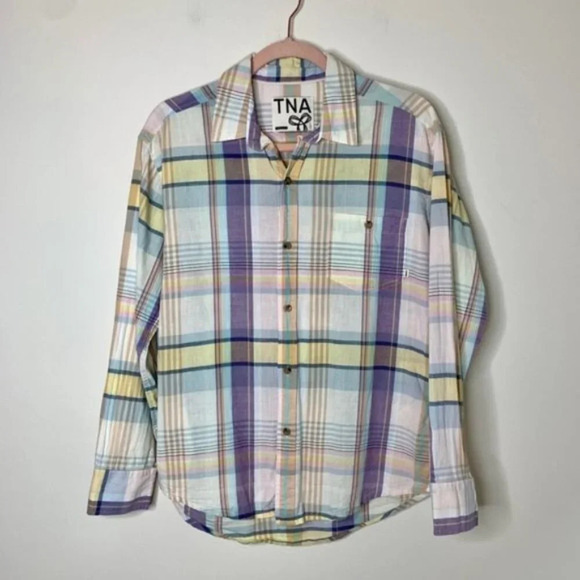 Aritzia TNA Plaid Button Down Shirt Classic Fit Yellow Purple Size Small - Picture 3 of 16